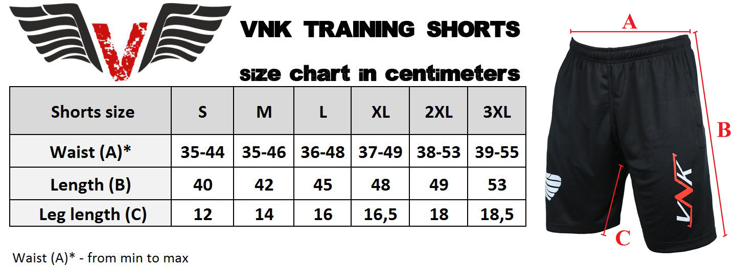 vnk training shorts size chart